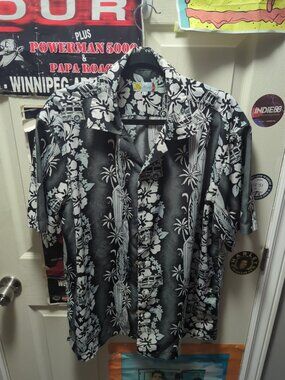 Vintage Hawaiian Shirt Black/White Floral Print AOP Men's Large Aloha Joe Poly